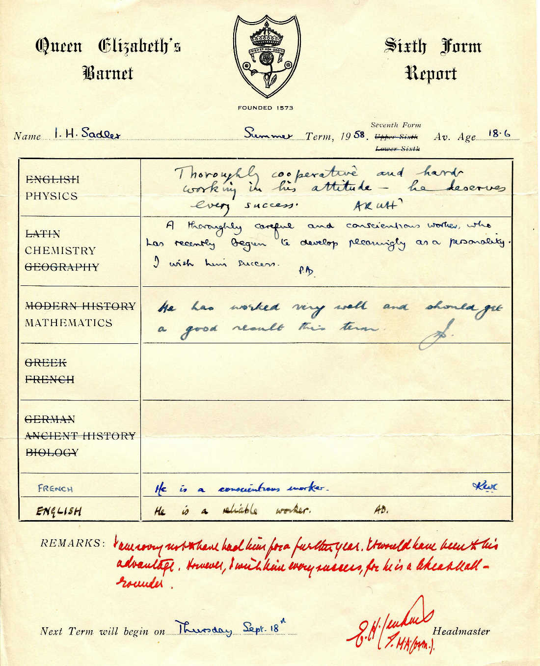 School report, 1958